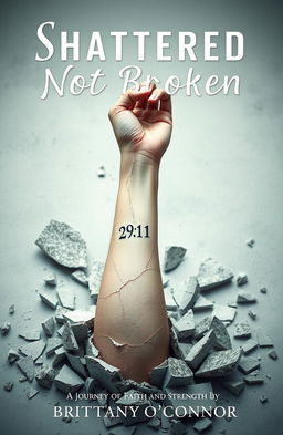 A surreal and symbolic image featuring a woman's left forearm emerging from a shattered foundation