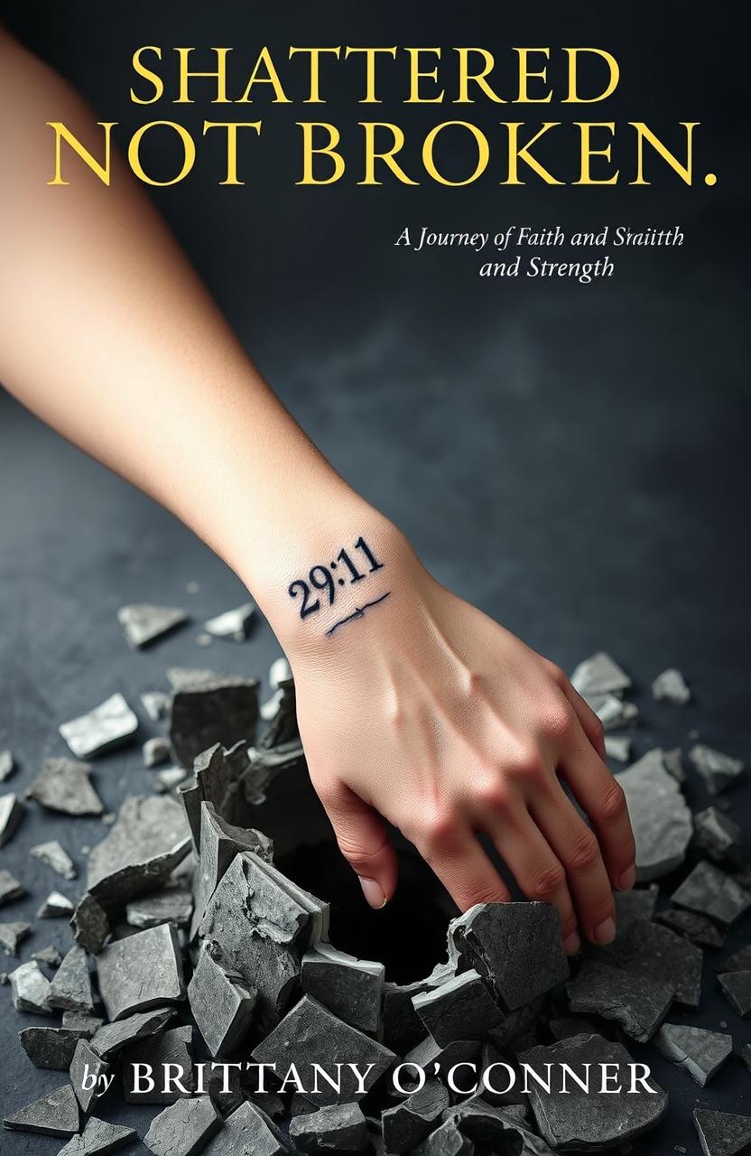 A surreal and symbolic image featuring a woman's left forearm emerging from a shattered foundation