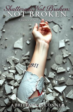 A surreal and symbolic image featuring a woman's left forearm emerging from a shattered foundation