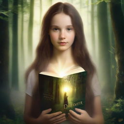 An artistic high-definition image featuring a girl with long brown hair in a forest, holding a book and surrounded by a glowing ring of light