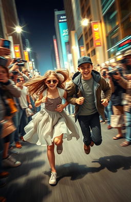 A dynamic scene depicting a young girl and a young guy running together through a bustling crowd of paparazzi