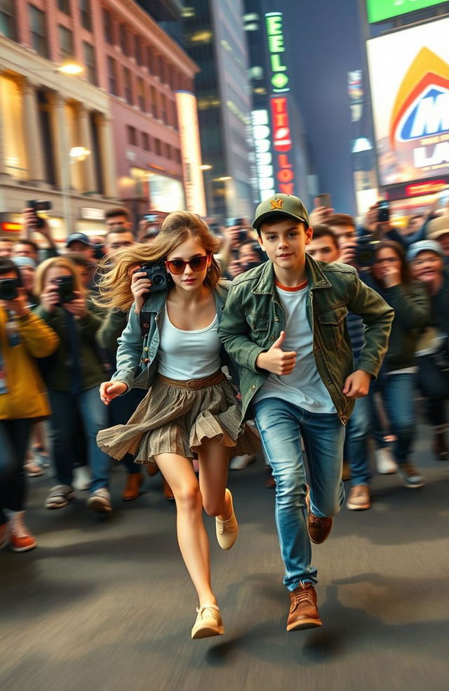 A dynamic scene depicting a young girl and a young guy running together through a bustling crowd of paparazzi