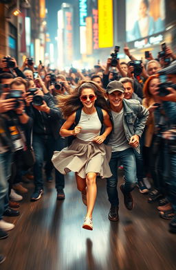 A dynamic scene depicting a young girl and a young guy running together through a bustling crowd of paparazzi