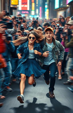 A dynamic scene depicting a young girl and a young guy running together through a bustling crowd of paparazzi