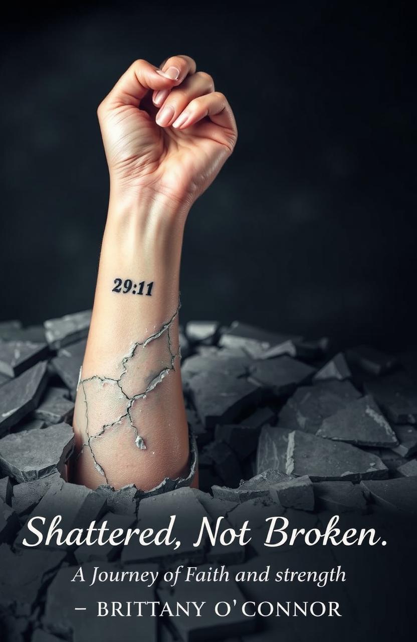 A captivating scene depicting a woman's left forearm emerging from a shattered foundation