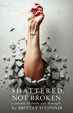 A captivating scene depicting a woman's left forearm emerging from a shattered foundation
