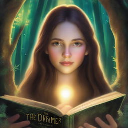 An artistic high-definition image showcasing a girl with long brown hair in a forest, holding a book and surrounded by a glowing ring of light