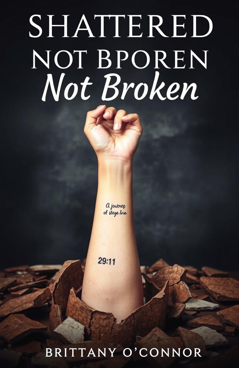A dramatic scene featuring a woman's left forearm emerging from a shattered foundation, symbolizing resilience and renewal