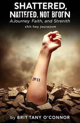 A dramatic scene featuring a woman's left forearm emerging from a shattered foundation, symbolizing resilience and renewal