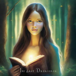 An artistic high-definition image showcasing a girl with long brown hair in a forest, holding a book and surrounded by a glowing ring of light