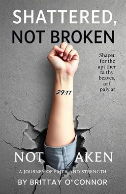 A woman’s left forearm emerging from a shattered concrete foundation, showcasing a tattoo saying '29:11' on the inside of the wrist, closest to the hand