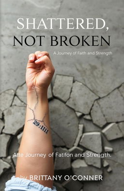 A woman’s left forearm emerging from a shattered concrete foundation, showcasing a tattoo saying '29:11' on the inside of the wrist, closest to the hand