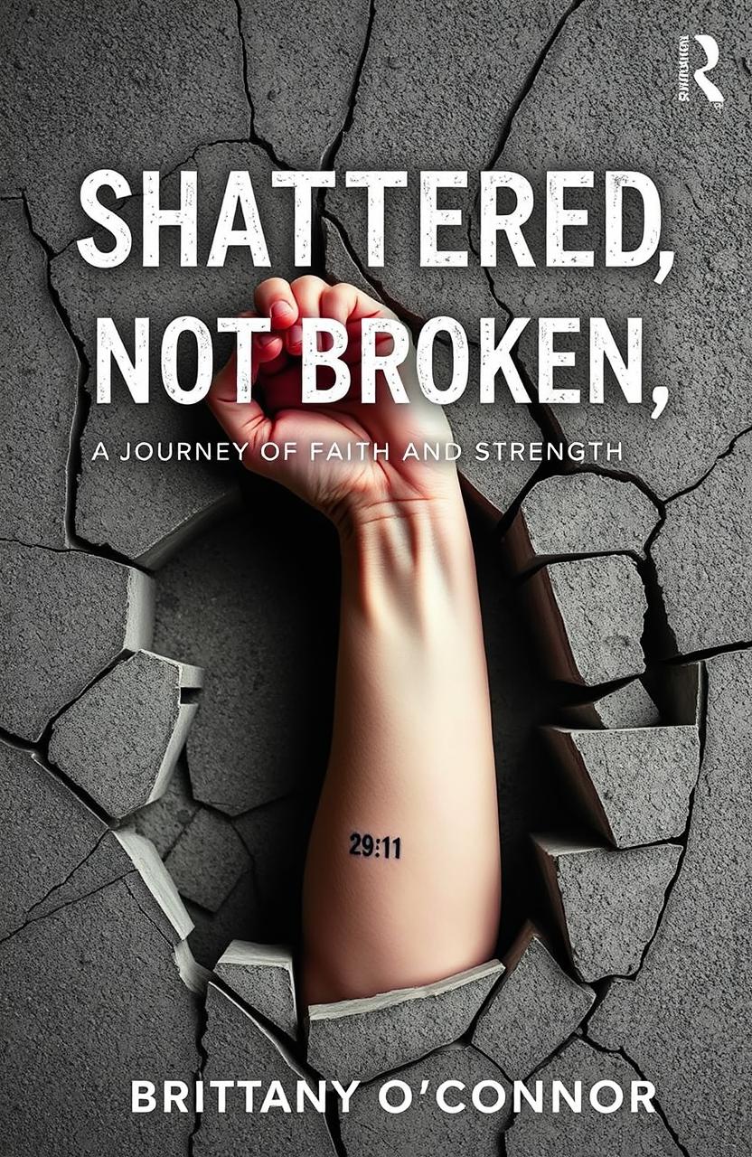 A woman’s left forearm emerging from a shattered concrete foundation, showcasing a tattoo saying '29:11' on the inside of the wrist, closest to the hand