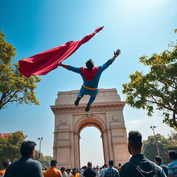 A majestic view of a famous Delhi monument, such as India Gate, with a superhero in a dynamic pose, soaring overhead