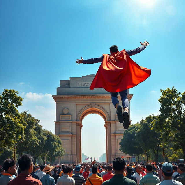 A majestic view of a famous Delhi monument, such as India Gate, with a superhero in a dynamic pose, soaring overhead