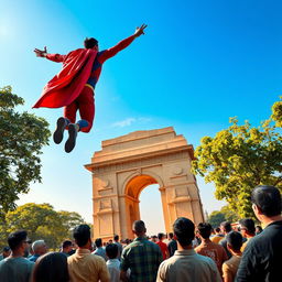 A majestic view of a famous Delhi monument, such as India Gate, with a superhero in a dynamic pose, soaring overhead