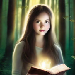 An artistic high-definition image showcasing a girl with long brown hair in a forest, holding a book and surrounded by a glowing ring of light