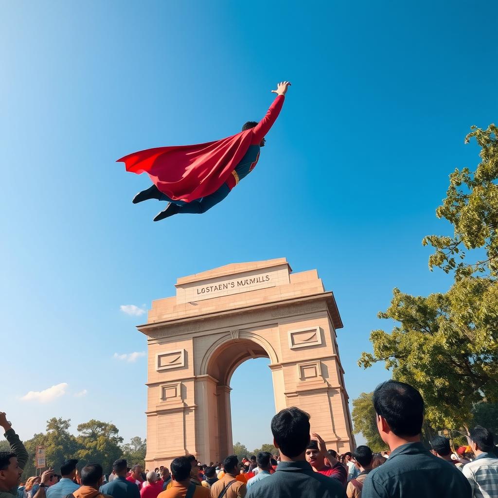 A majestic view of a famous Delhi monument, such as India Gate, with a superhero in a dynamic pose, soaring overhead