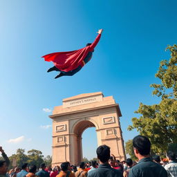 A majestic view of a famous Delhi monument, such as India Gate, with a superhero in a dynamic pose, soaring overhead