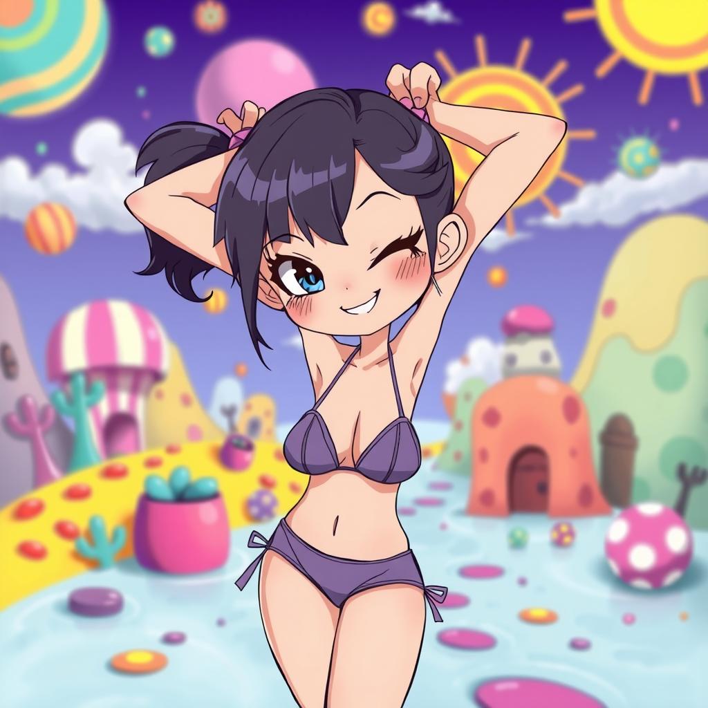 A cute female character with a playful and smug smile, wearing a small bikini, poses with her arms playfully behind her head