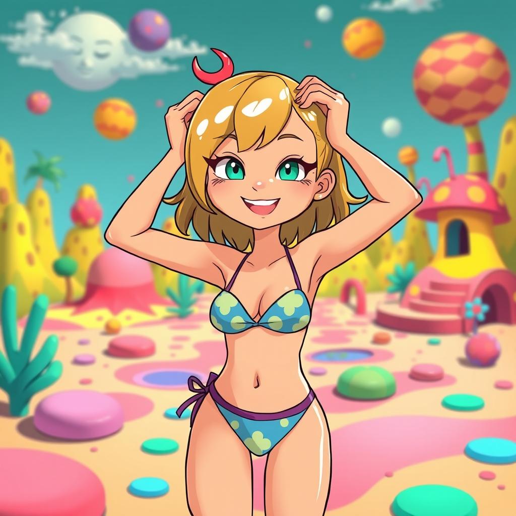 A cute female character with a playful and smug smile, wearing a small bikini, poses with her arms playfully behind her head