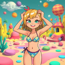 A cute female character with a playful and smug smile, wearing a small bikini, poses with her arms playfully behind her head