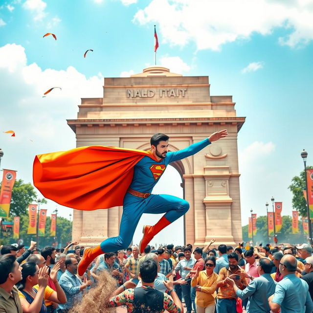 An iconic monument of Delhi such as India Gate, surrounded by a scene of chaos where a superhero, dressed in a vibrant, eye-catching costume with a flowing cape, is heroically saving people from danger