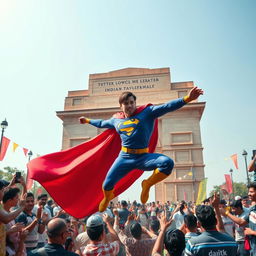 An iconic monument of Delhi such as India Gate, surrounded by a scene of chaos where a superhero, dressed in a vibrant, eye-catching costume with a flowing cape, is heroically saving people from danger
