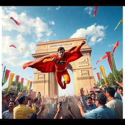An iconic monument of Delhi such as India Gate, surrounded by a scene of chaos where a superhero, dressed in a vibrant, eye-catching costume with a flowing cape, is heroically saving people from danger