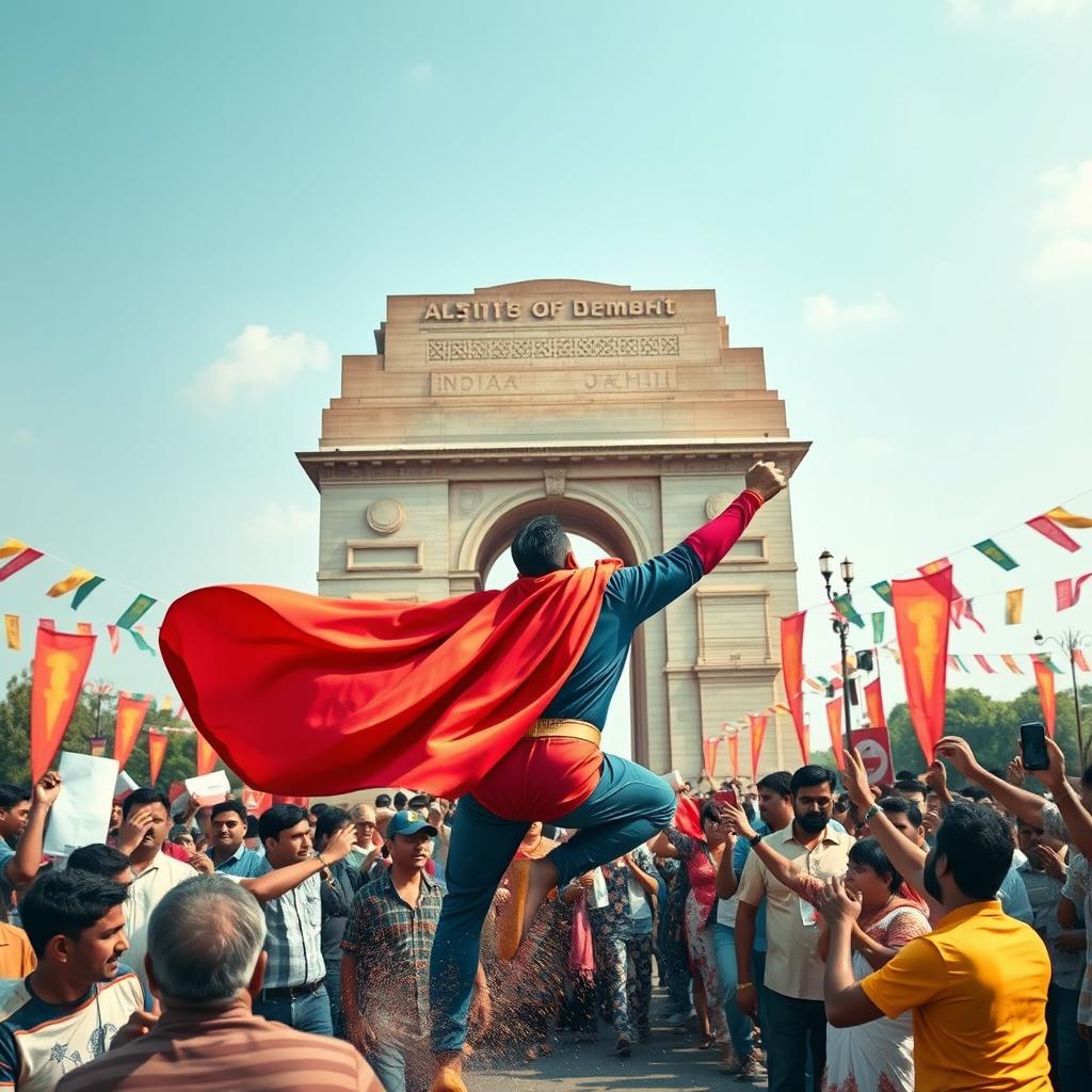 An iconic monument of Delhi such as India Gate, surrounded by a scene of chaos where a superhero, dressed in a vibrant, eye-catching costume with a flowing cape, is heroically saving people from danger