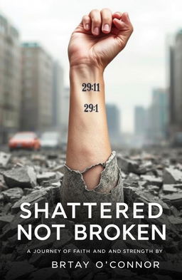 A powerful image depicting a woman's left forearm emerging from a shattered concrete foundation