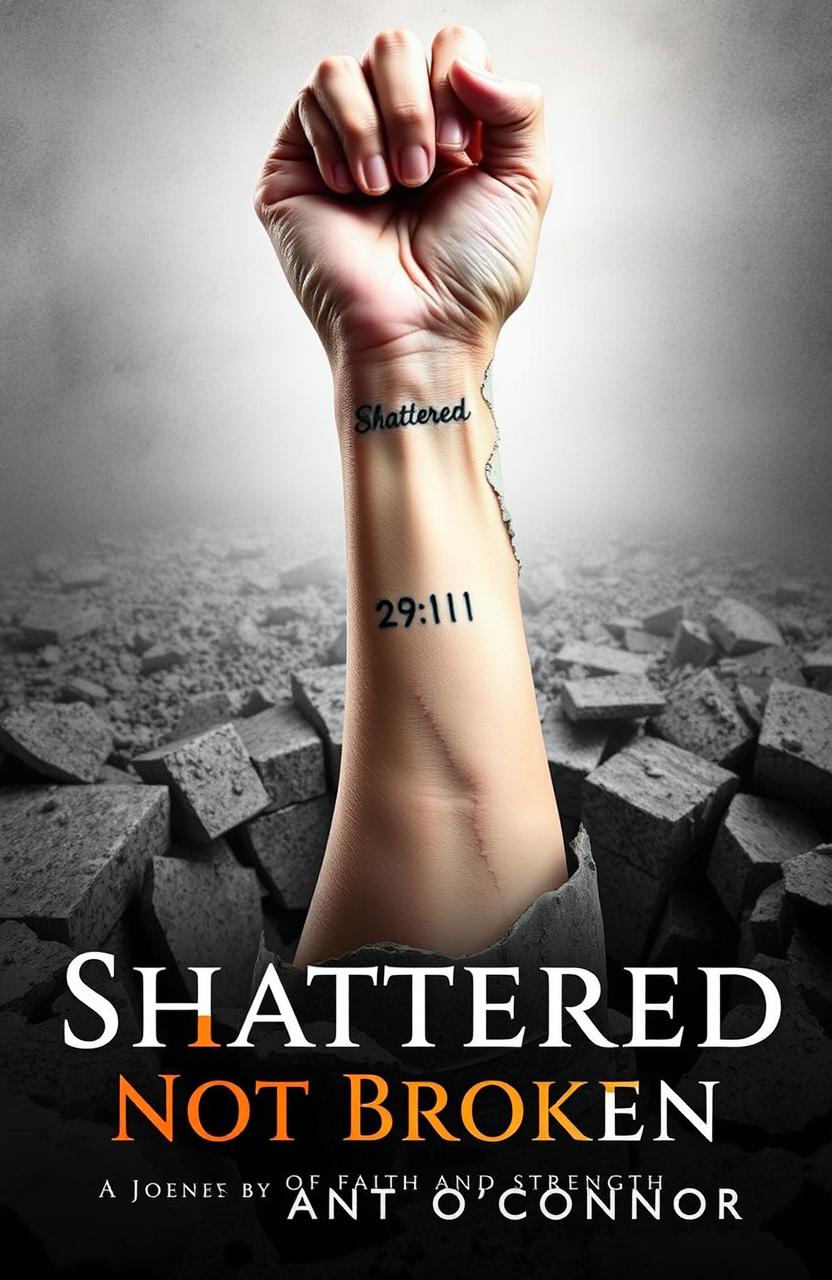 A powerful image depicting a woman's left forearm emerging from a shattered concrete foundation