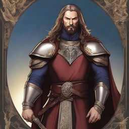 A high-quality digital art image of Sir Aldric, portrayed as a noble and authoritative figure, standing resolute