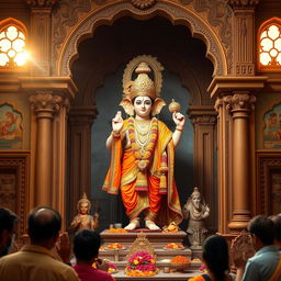 A beautifully crafted statue of Ram Lala, depicted in a traditional temple setting