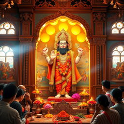 A beautifully crafted statue of Ram Lala, depicted in a traditional temple setting