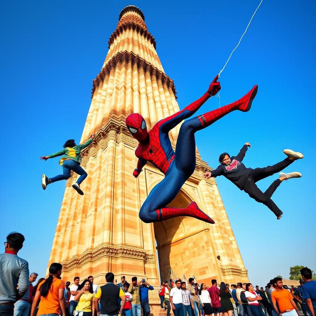 A dynamic scene featuring Spiderman in action, heroically saving people as they fall from the Qutub Minar, the iconic historical monument in Delhi