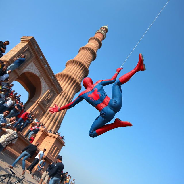 A dynamic scene featuring Spiderman in action, heroically saving people as they fall from the Qutub Minar, the iconic historical monument in Delhi