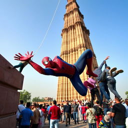 A dynamic scene featuring Spiderman in action, heroically saving people as they fall from the Qutub Minar, the iconic historical monument in Delhi