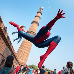 A dynamic scene featuring Spiderman in action, heroically saving people as they fall from the Qutub Minar, the iconic historical monument in Delhi