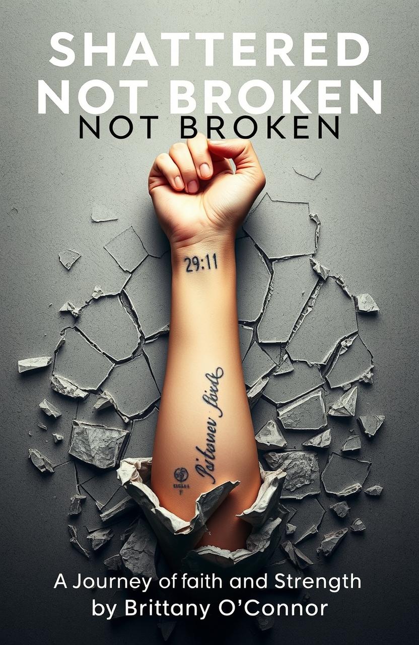 A surreal and metaphorical image of a woman's left forearm emerging from a shattered foundation, symbolizing resilience