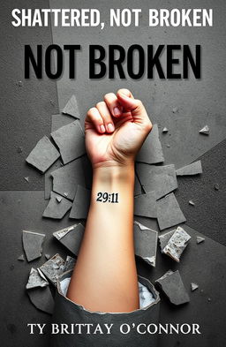 A surreal and metaphorical image of a woman's left forearm emerging from a shattered foundation, symbolizing resilience