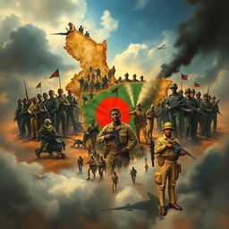A detailed and artistic representation of a map of Bangladesh, surrounded by soldiers standing alert around the borders, creating a strong sense of security and readiness