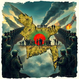 A detailed and artistic representation of a map of Bangladesh, surrounded by soldiers standing alert around the borders, creating a strong sense of security and readiness