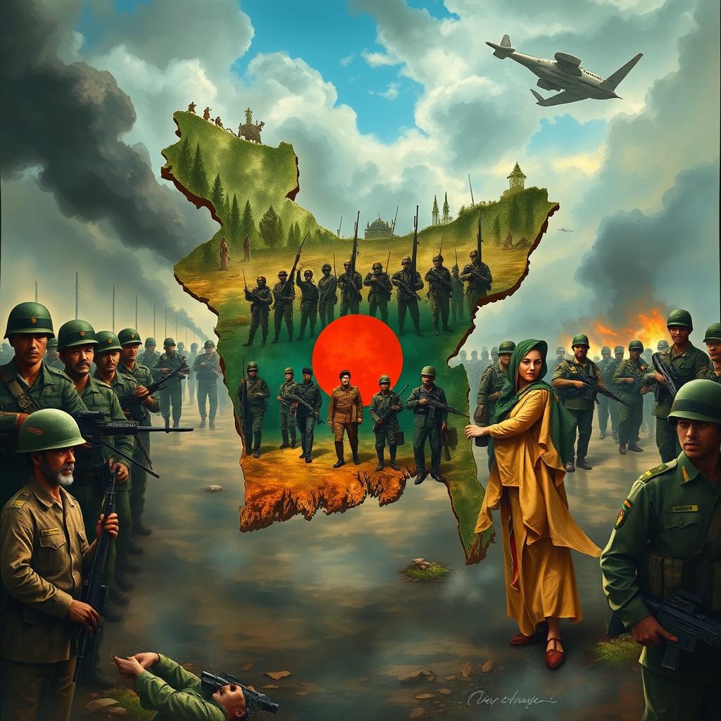 A detailed and artistic representation of a map of Bangladesh, surrounded by soldiers standing alert around the borders, creating a strong sense of security and readiness