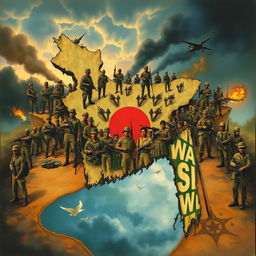 A detailed and artistic representation of a map of Bangladesh, surrounded by soldiers standing alert around the borders, creating a strong sense of security and readiness