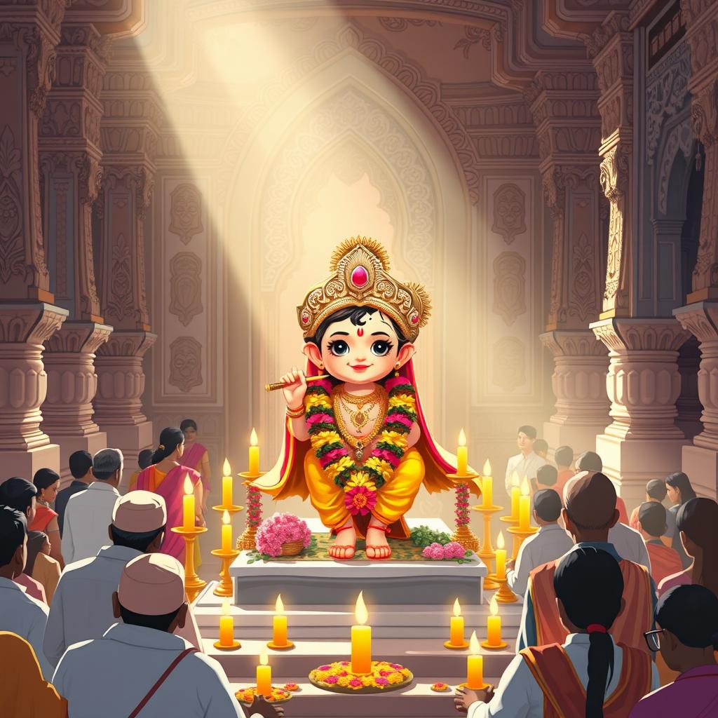 A serene illustration of the Ram Lala murti in the Ayodhya temple, surrounded by intricate temple architecture