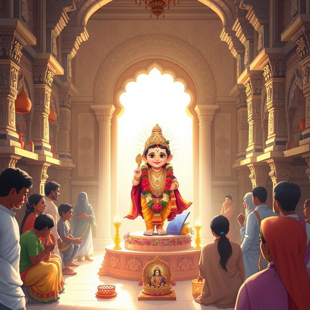 A serene illustration of the Ram Lala murti in the Ayodhya temple, surrounded by intricate temple architecture