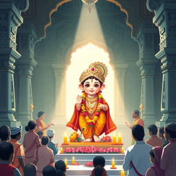 A serene illustration of the Ram Lala murti in the Ayodhya temple, surrounded by intricate temple architecture