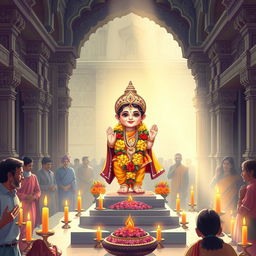 A serene illustration of the Ram Lala murti in the Ayodhya temple, surrounded by intricate temple architecture