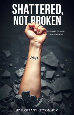 A striking visual of a woman's left forearm emerging from the shattered remnants of a foundation
